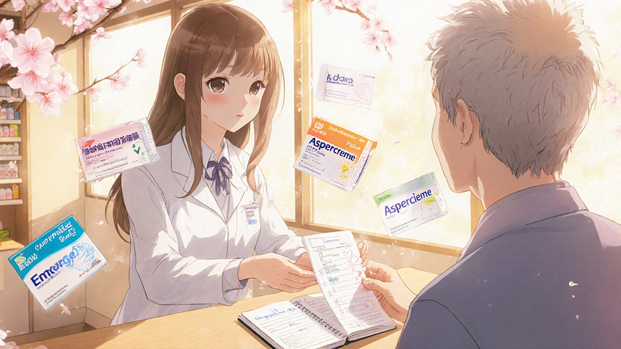 A pharmacist handing pain relief options to an elderly patient, with floating product labels like cherry blossoms and a pain diary on the counter.