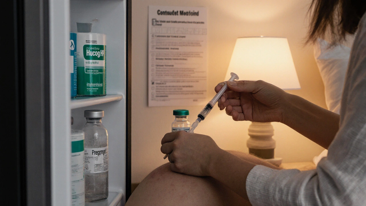 Bedroom nightstand with refrigerated HCG vials and a hand preparing a sub‑cutaneous injection.