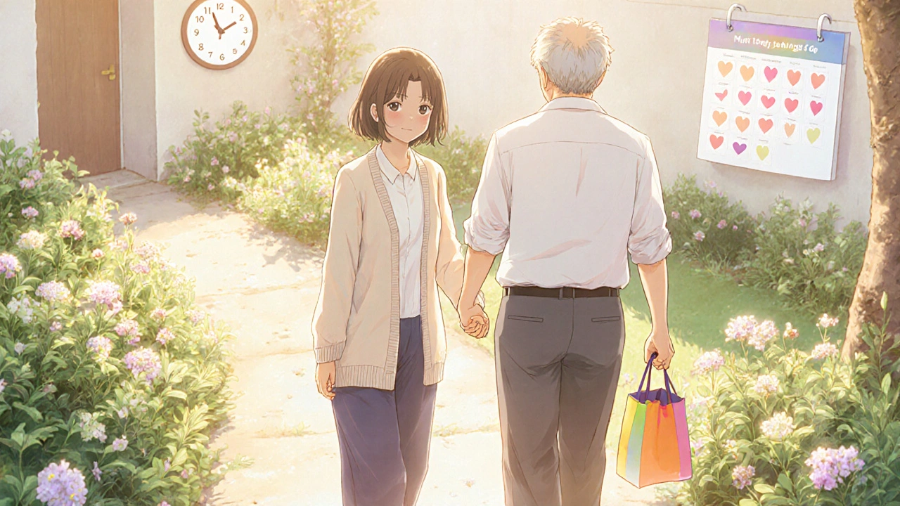 Caregiver assists elderly man on a sunny garden path with visual cues.