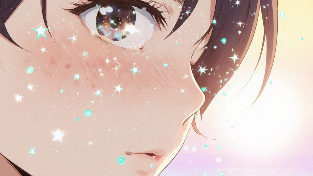 Close-up of cheek with sparkling particles fading dark spots and smoothing lines.