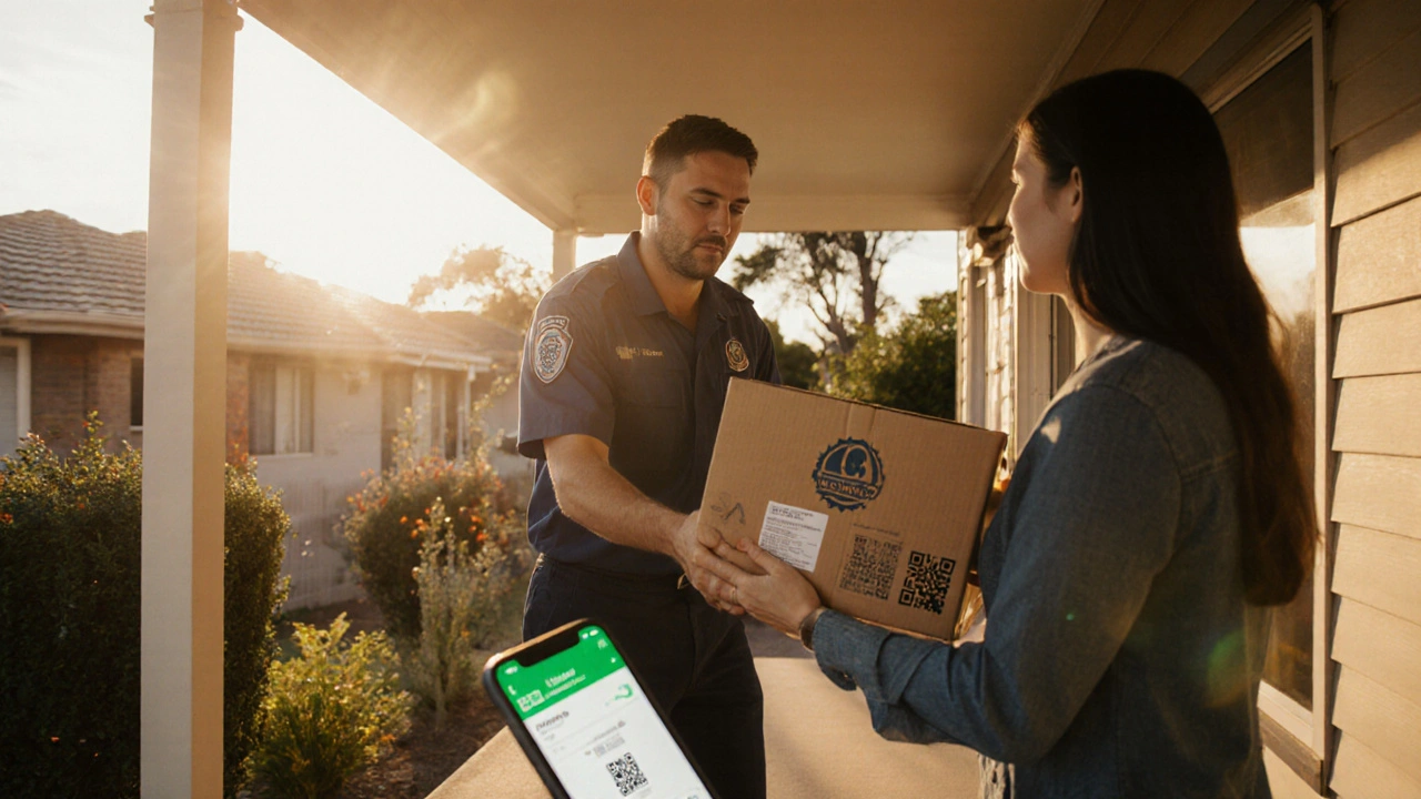 Courier delivering a pharmacy box to a doorstep with phone tracking displayed.