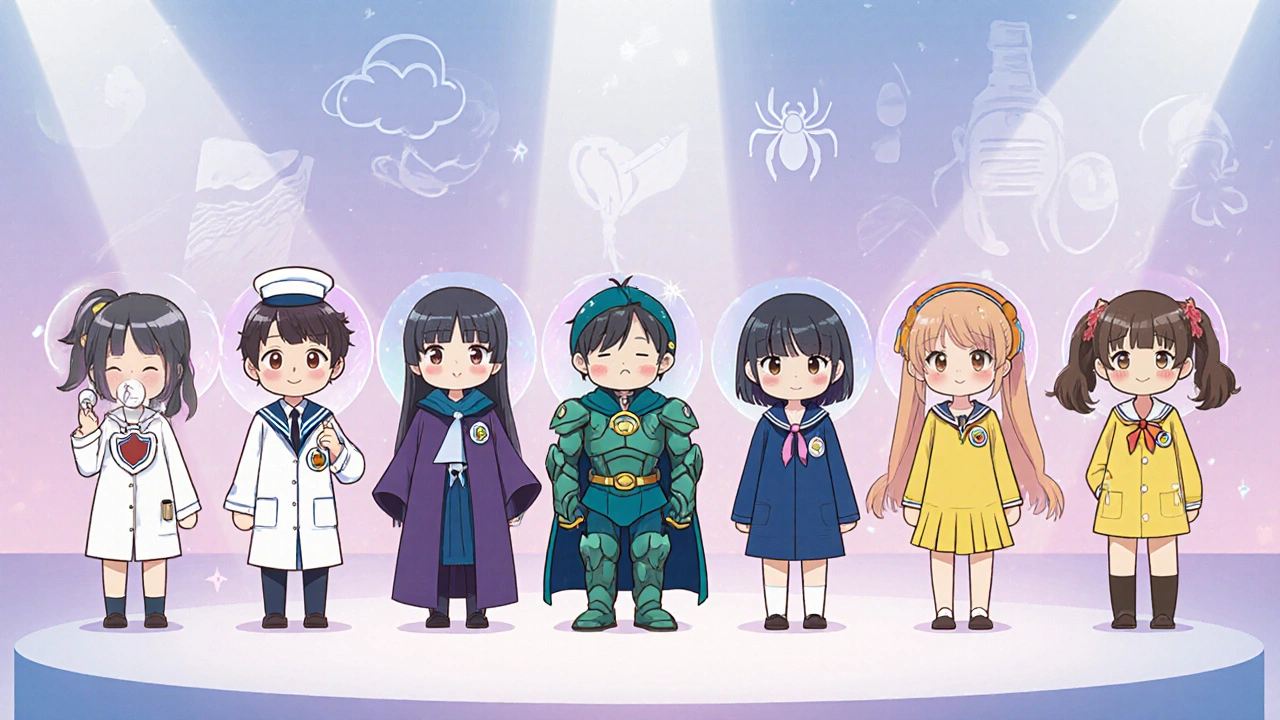 Cute anthropomorphic antibiotics lined up, each with unique attire representing their use.