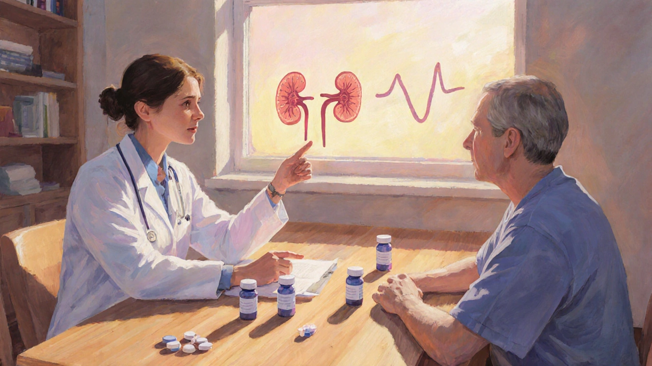 Doctor and patient discussing medication options in a sunny consultation room.