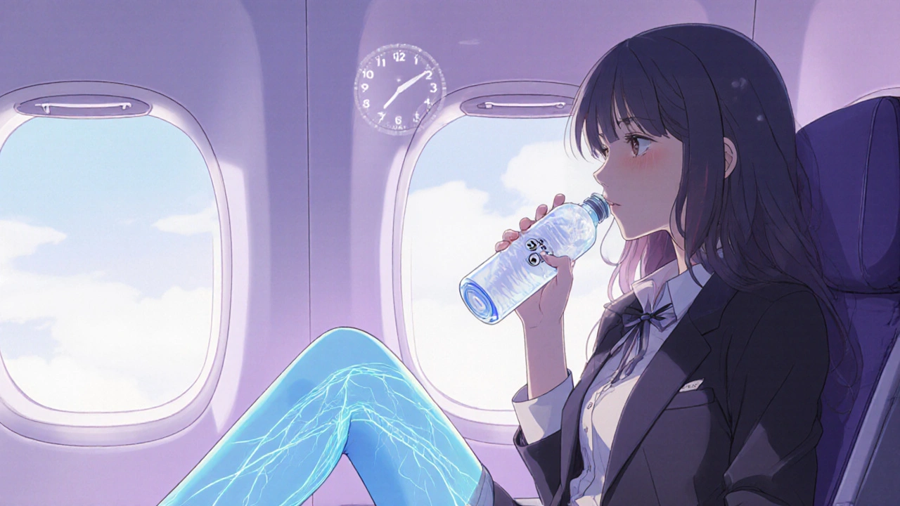 Female traveler on a plane sipping water, wearing compression stockings, veins glow.