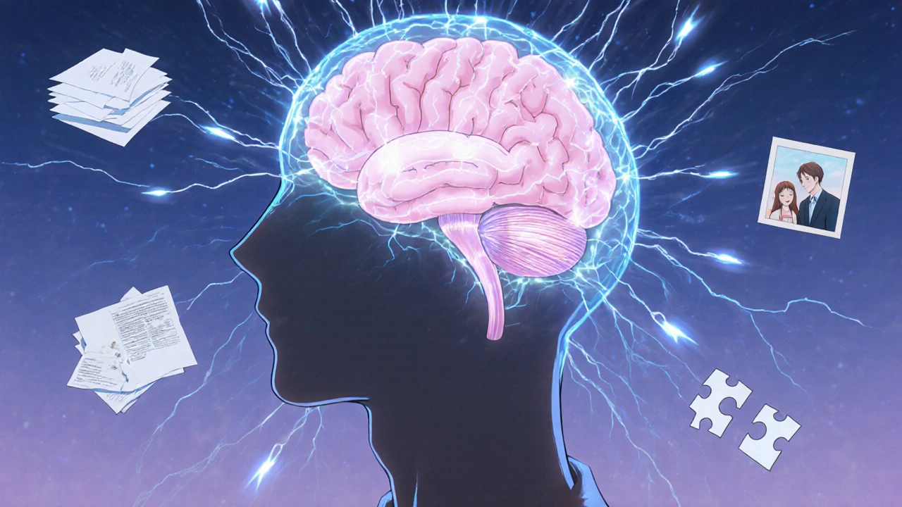 Floating brain with shrinking hippocampus and symbolic memory loss icons.