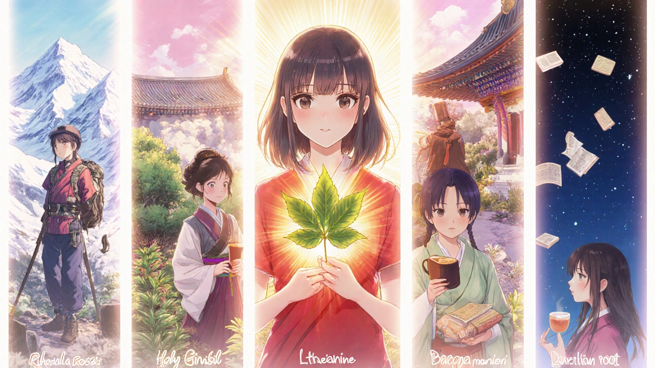Group of characters representing different adaptogens surrounding a central Ashwagandha figure.