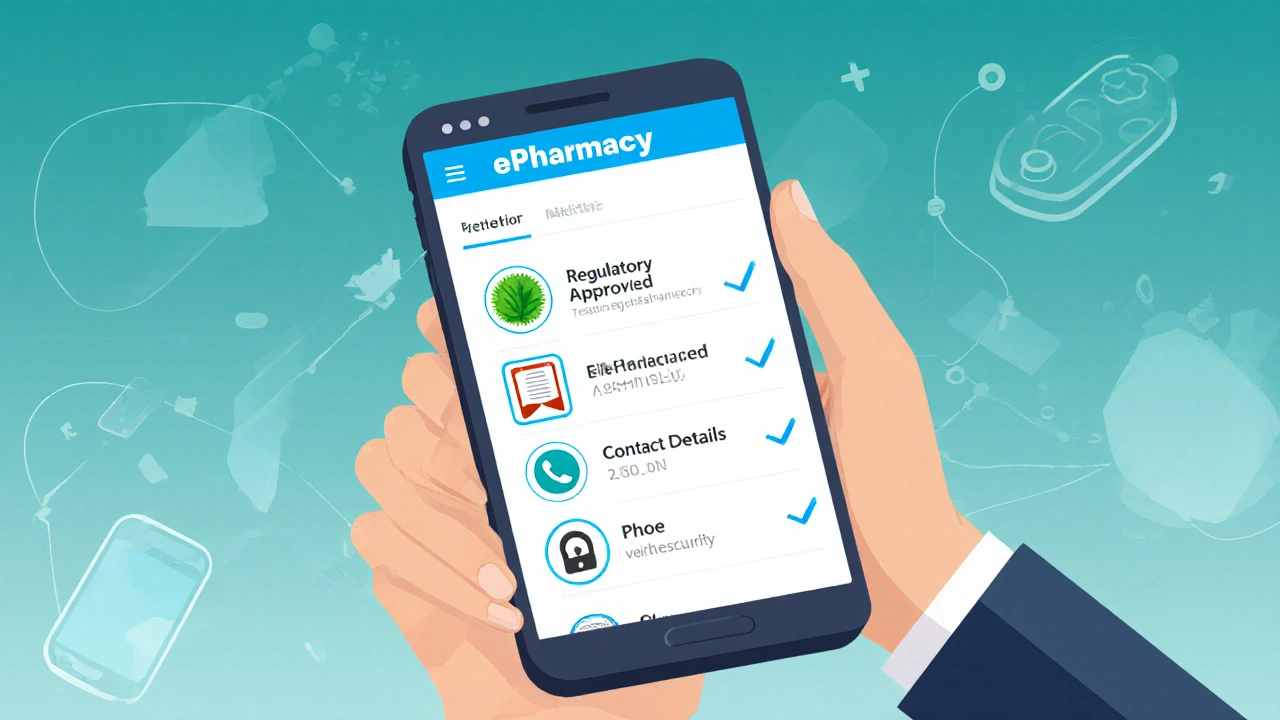 Hand holding phone showing e‑pharmacy checklist with trust badges and prescription upload icon.