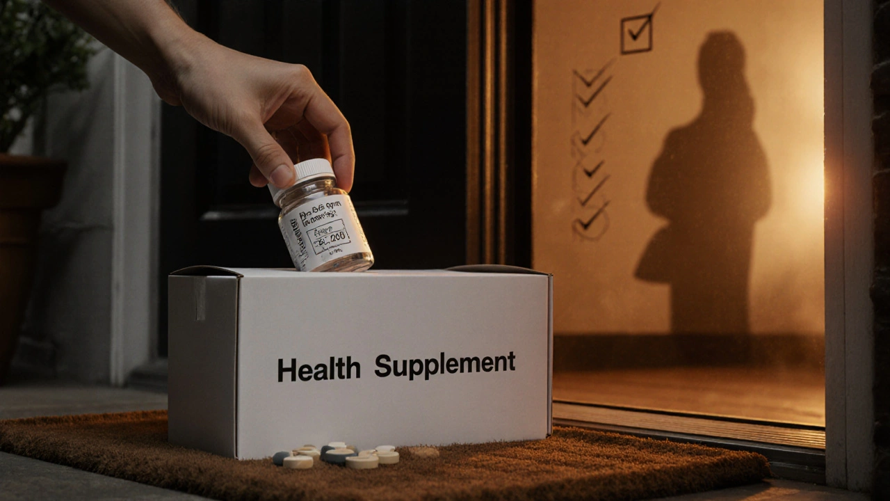 Hand opening discreet box to reveal pill bottle with batch number, indicating safe delivery.