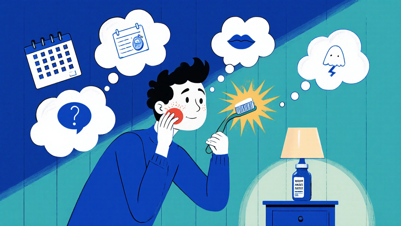 Individual hesitates brushing teeth, surrounded by pain clouds and anxiety icons.