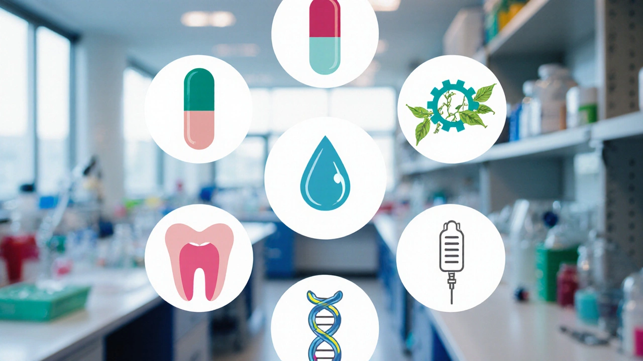 Lab collage showing six immunosuppressant capsules with symbolic icons.