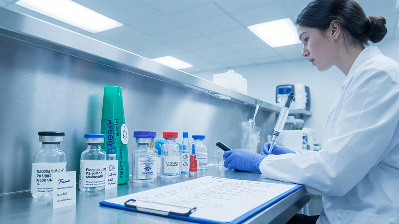 Laboratory countertop with organized HCG vials of different brands beside a clinical professional.