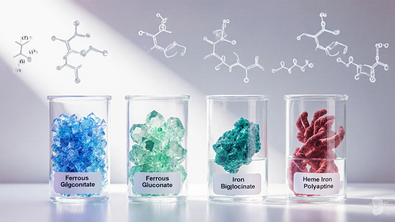 Laboratory setup showing glass vials of different iron compounds with molecular diagrams.