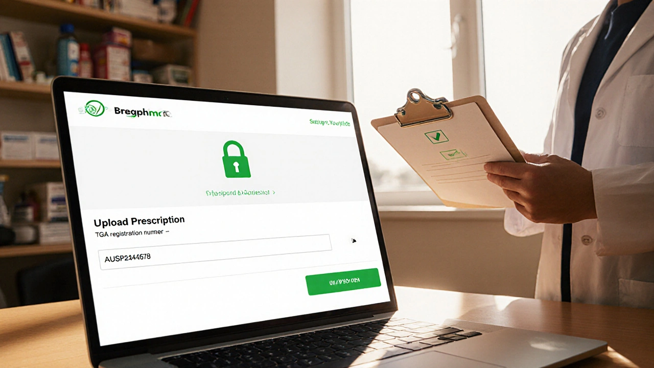 Laptop checkout page showing prescription upload and TGA number, beside pharmacist.