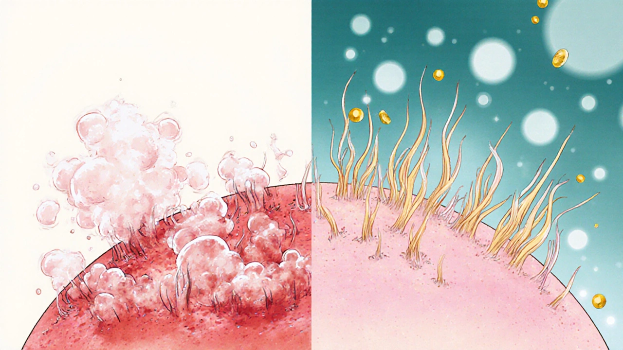 Microscopic view of inflamed scalp healing as golden particles eliminate yeast around hair follicles.