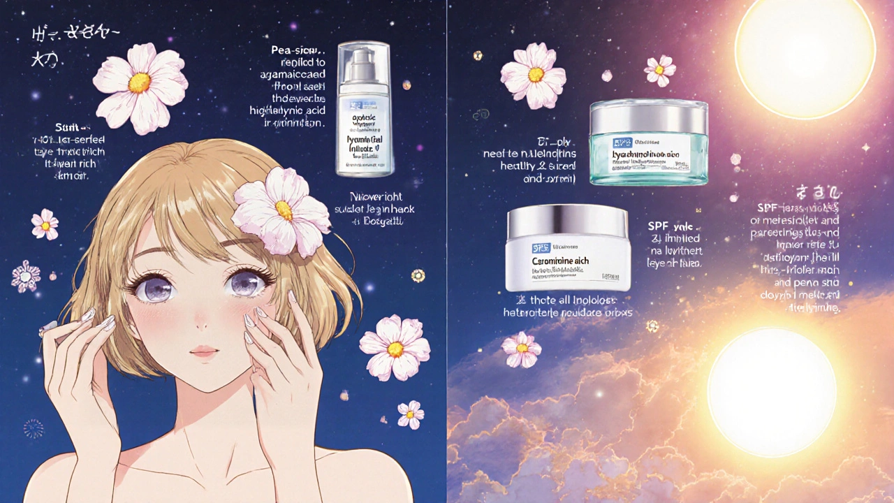 Nighttime skincare steps ending with bright morning skin protected by SPF.