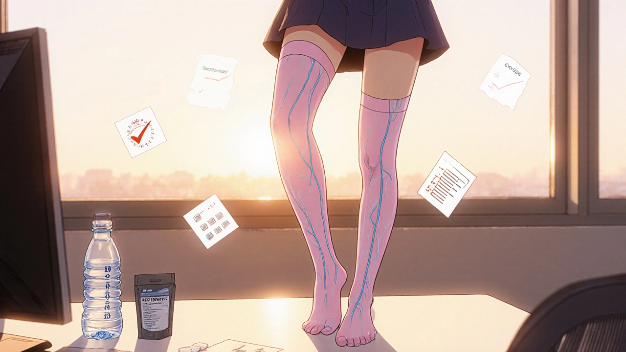 Office scene with woman doing calf raise, water bottle, electrolytes, compression stockings.