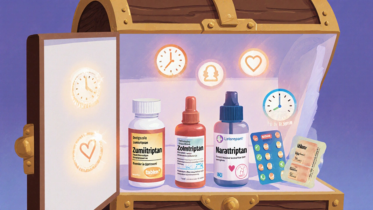 Open medicine cabinet filled with various migraine pills, nasal spray, and symbols for speed, heart safety, and cost.