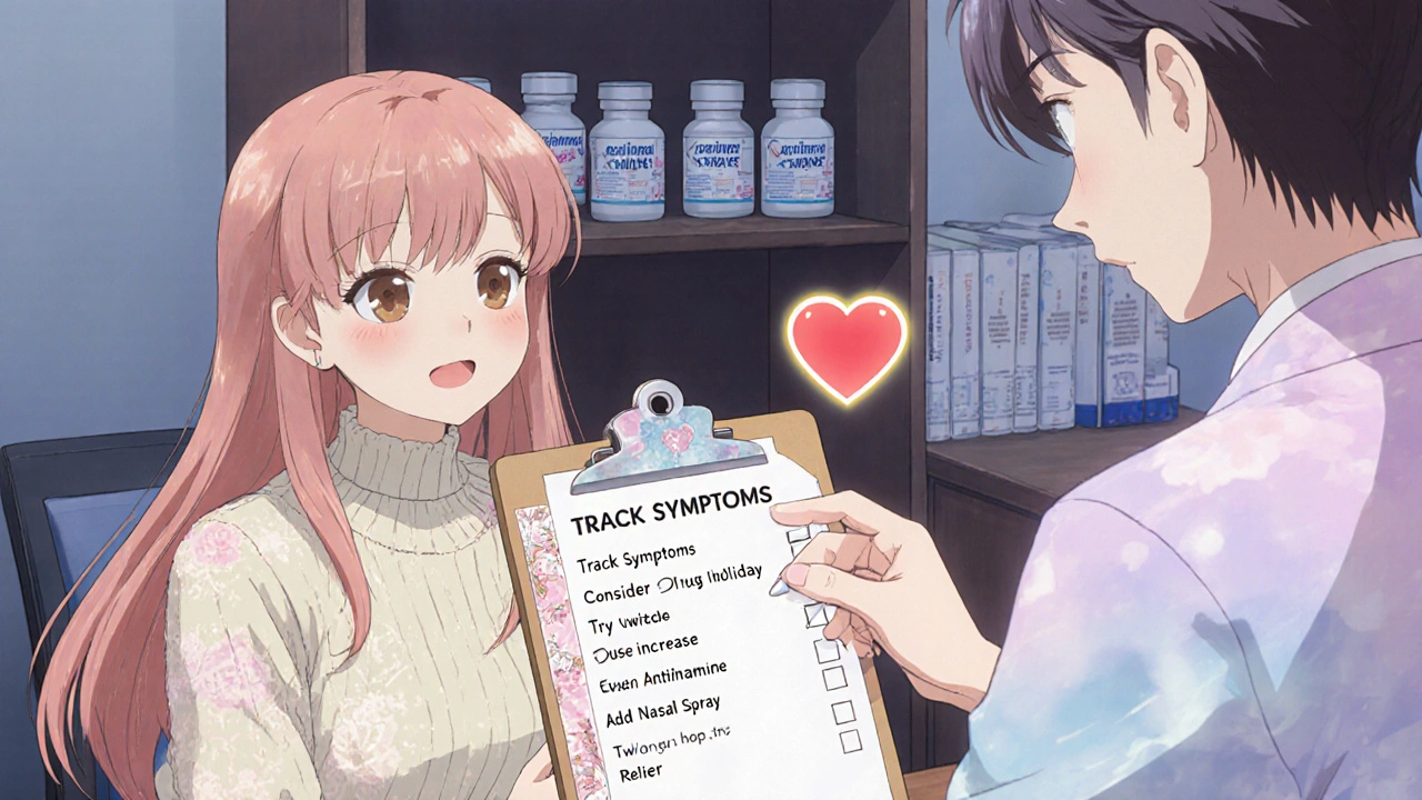 Patient and doctor review a checklist in a cozy clinic, with pill bottles and a hopeful atmosphere.