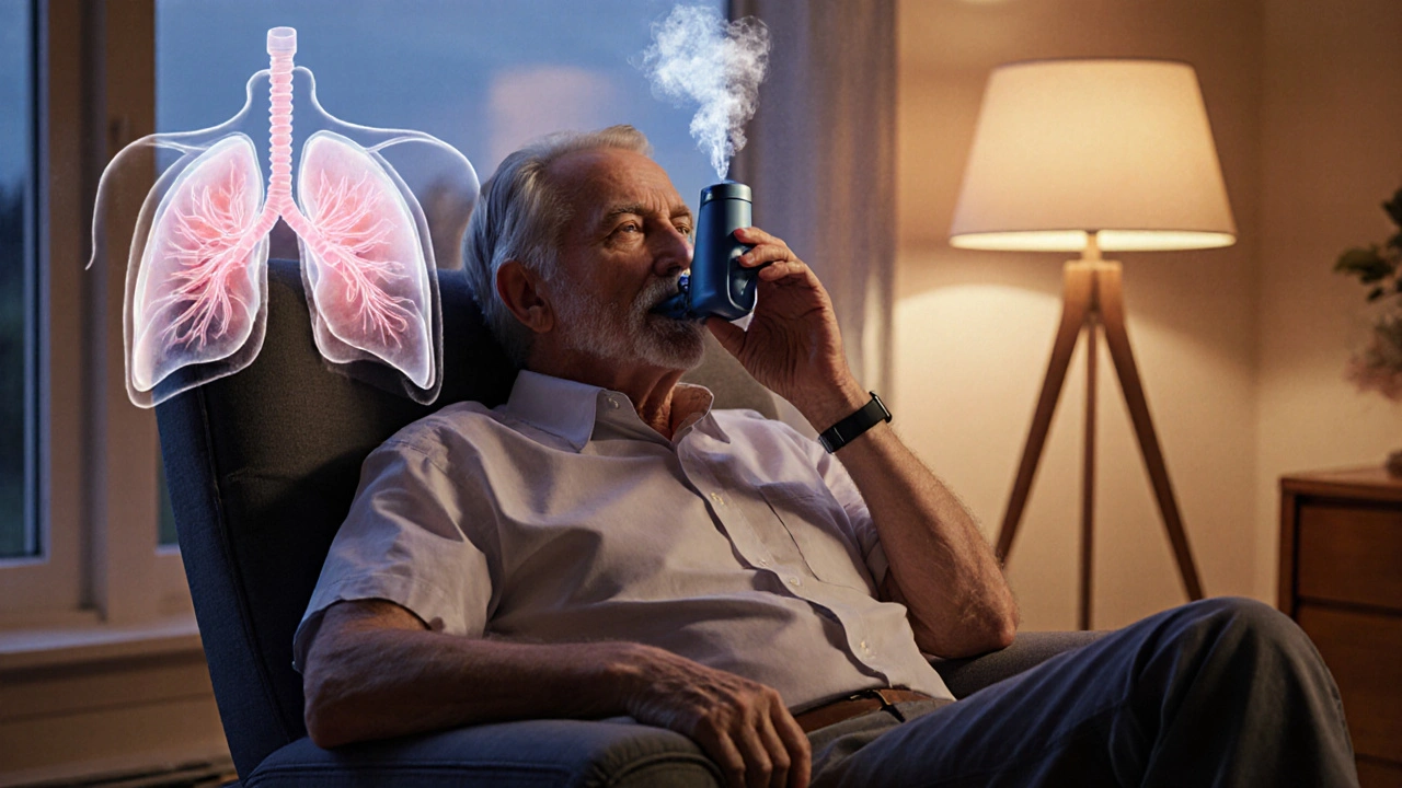Person using a combined inhaler at home, lungs shown clear and glowing.