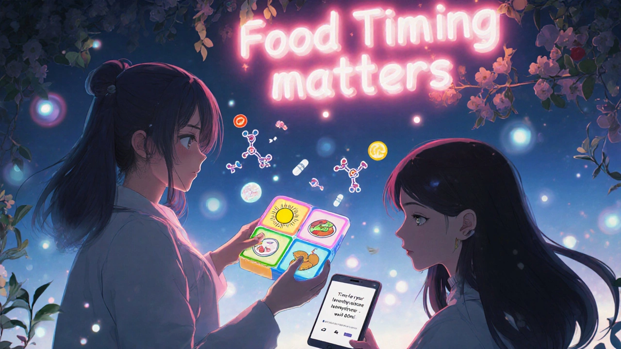 Pharmacist giving a color-coded pill organizer with glowing icons for food timing, soft dreamy background.