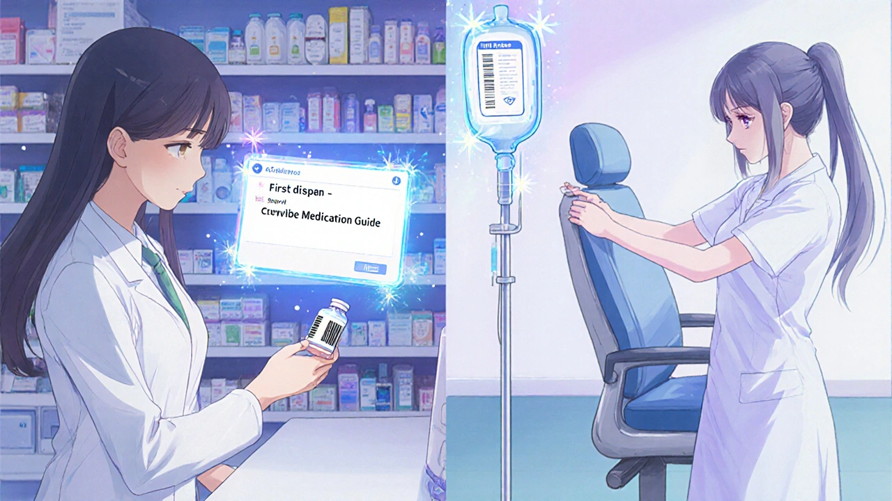 Pharmacist scanning a barcode with a digital alert beside an infusion clinic scene.