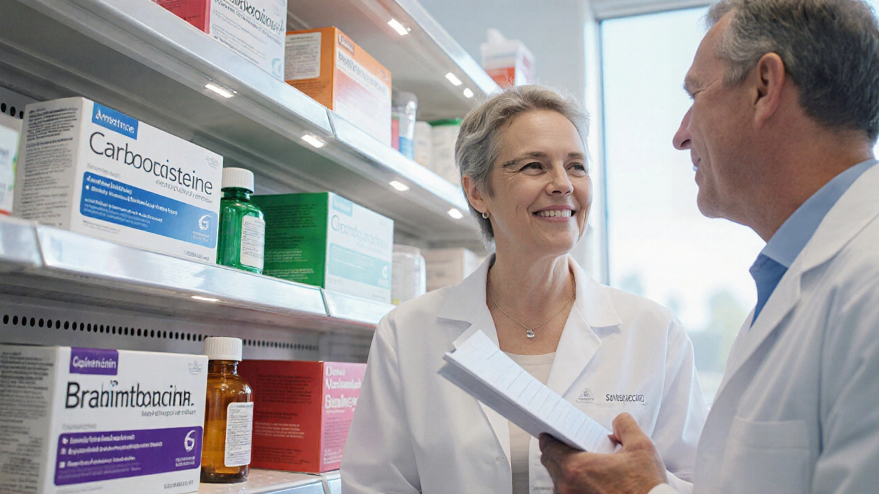 Pharmacy shelf with five mucolytic boxes and a pharmacist advising a patient.
