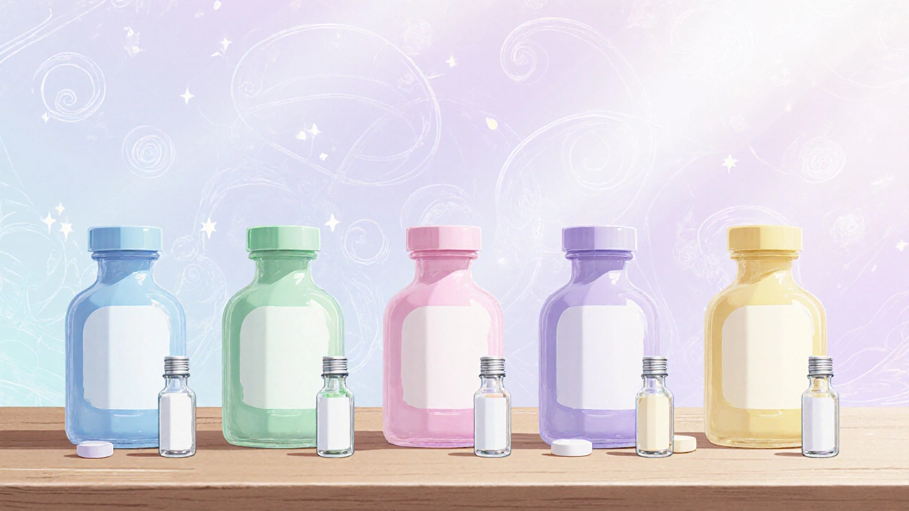 Six colorful medication bottles arranged on a table in a soft manga style.
