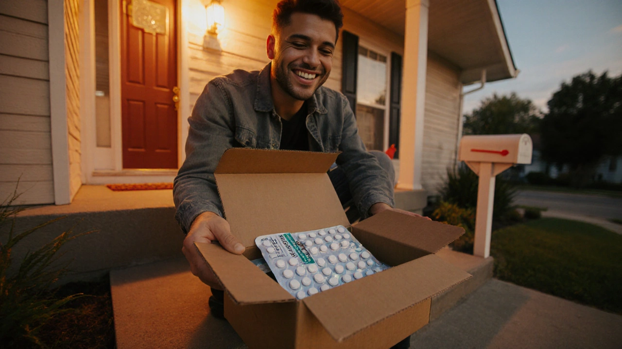 Smiling customer receiving a delivery box containing authentic medication packaging on a porch.