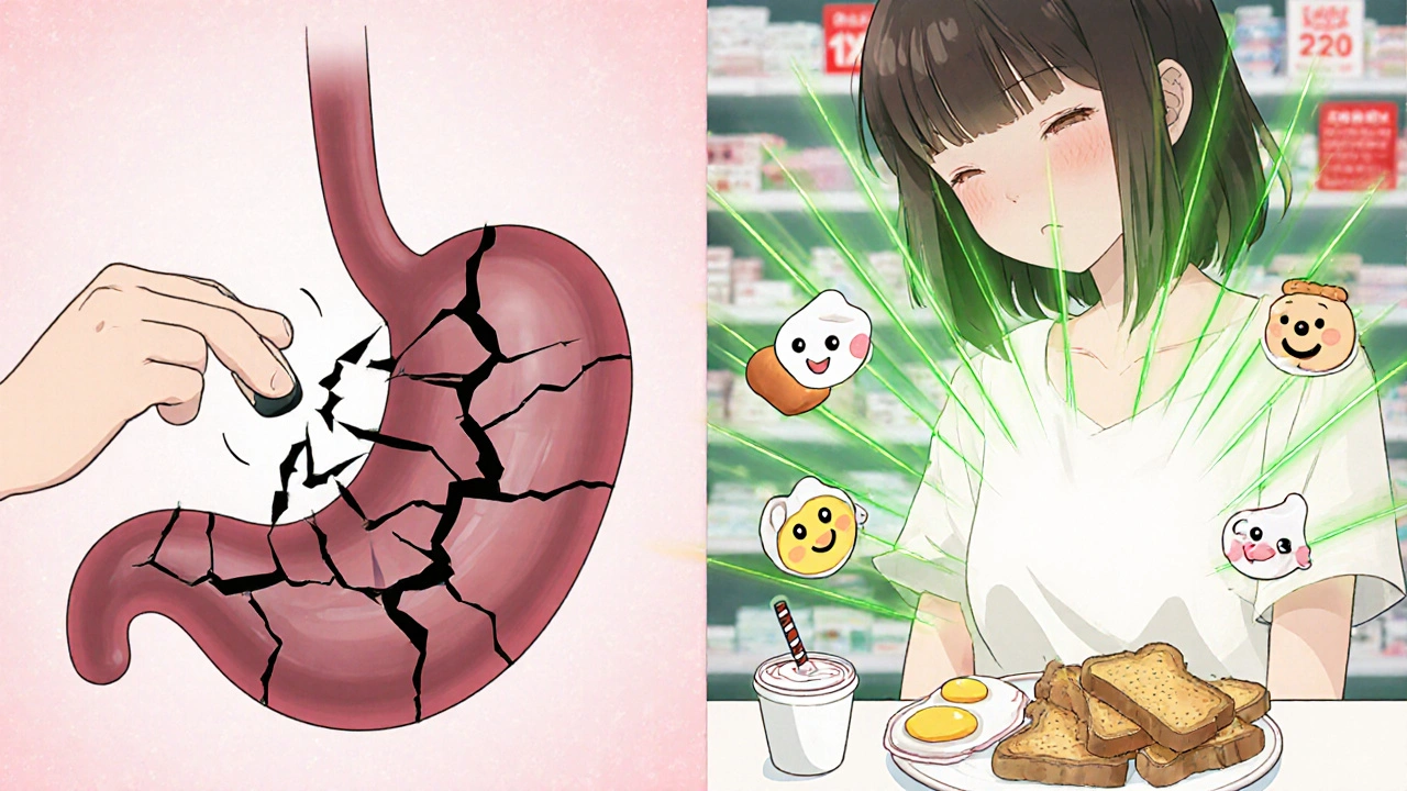 Split scene: person taking ibuprofen without food (stomach cracking) vs with food (protected by green energy rays).