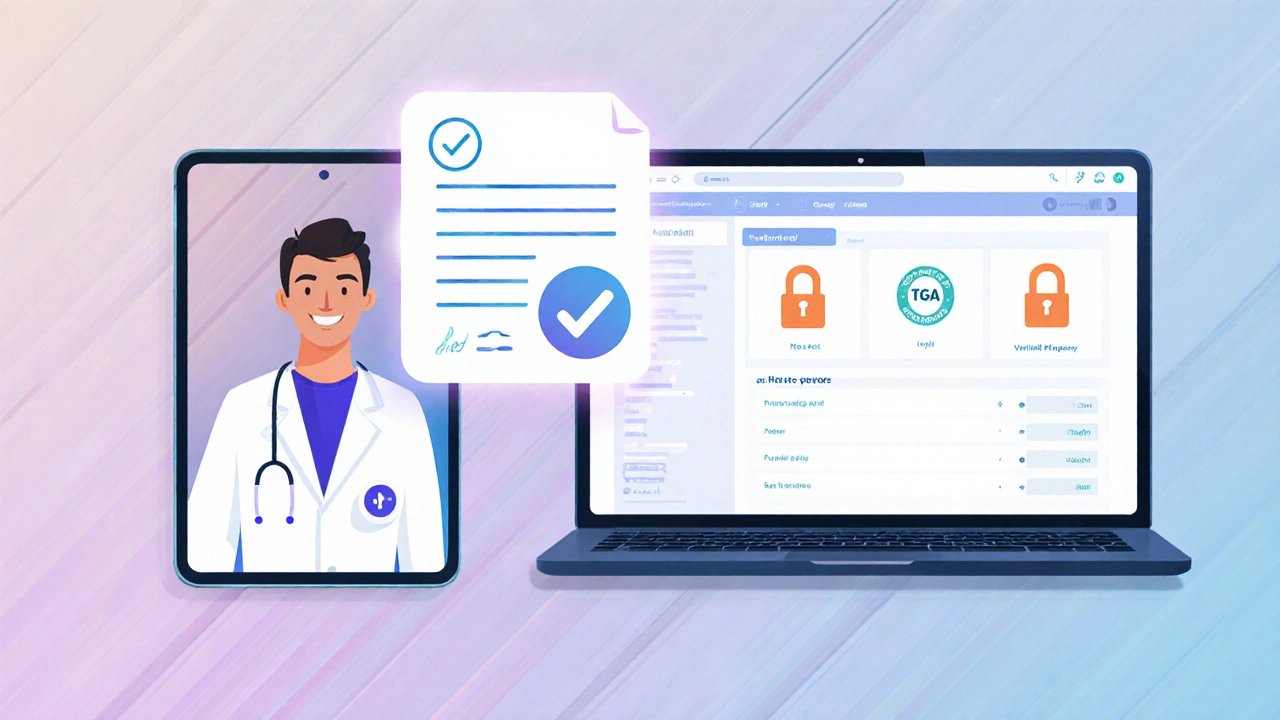 Telehealth video call with doctor, digital prescription, and verified pharmacy dashboard icons.