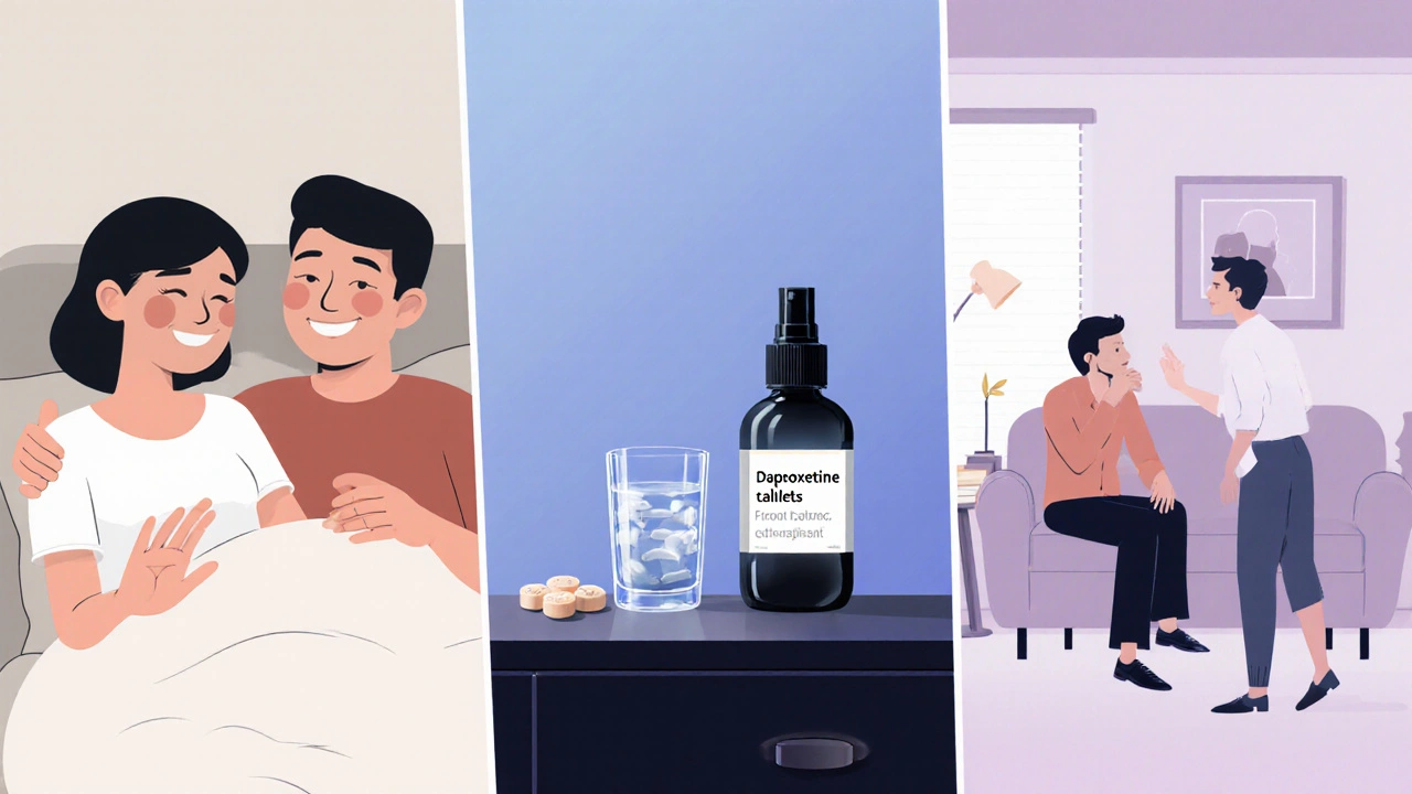 Three-part illustration: couple practicing stop‑start, medication bottles, therapist listening.