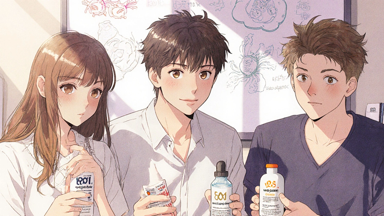 Three people in a dermatologist's office holding ciclopirox shampoo, their hair visibly healthier.