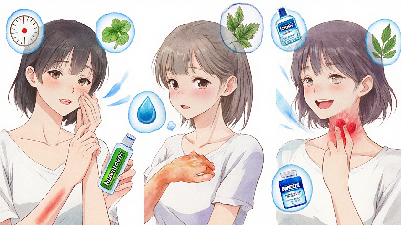 Three people using different pain relief gels — Nurofen, capsaicin, and Biofreeze — each in a separate panel with symbolic mist and icons.