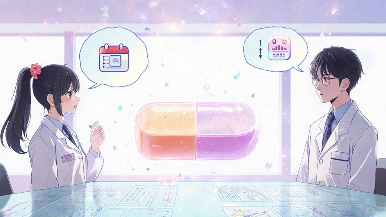 Two doctors in a pastel lab discuss antihistamine tolerance, with floating charts and a glowing tablet.