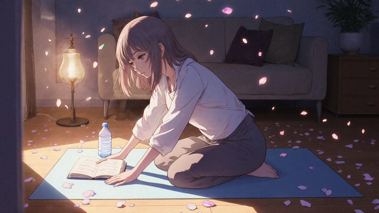 Woman practicing gentle yoga on a mat, sipping water, serene indoor setting.