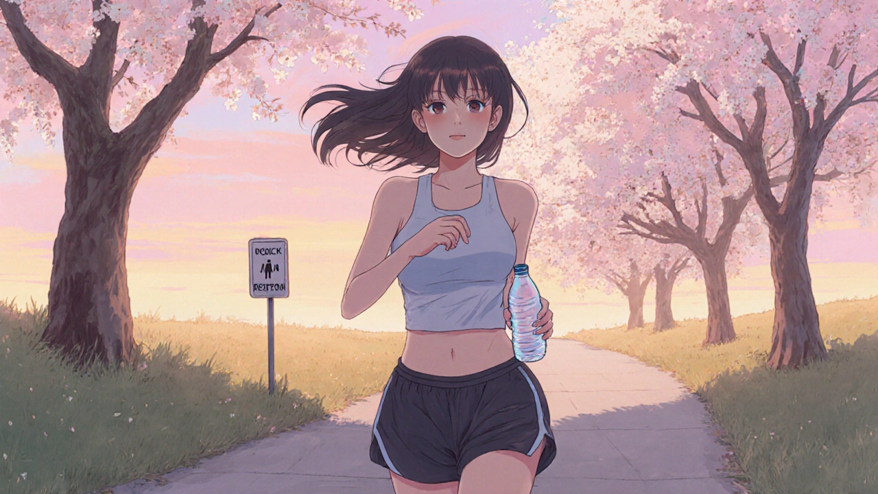 Woman walking in a park, holding a water bottle, gentle sunrise backdrop.