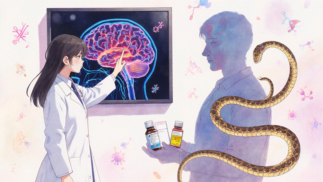 A doctor explaining serotonin buildup in the brain using a glowing diagram, with pills floating nearby in a soft, dreamlike hospital setting.