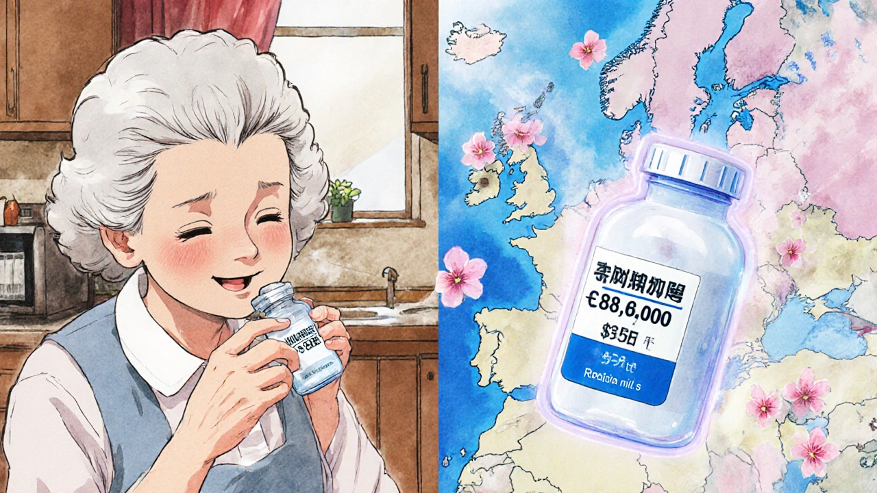 A grandmother taking her pill for 0, while a ghostly version of the same bottle shows a price of ,800 on a global map.