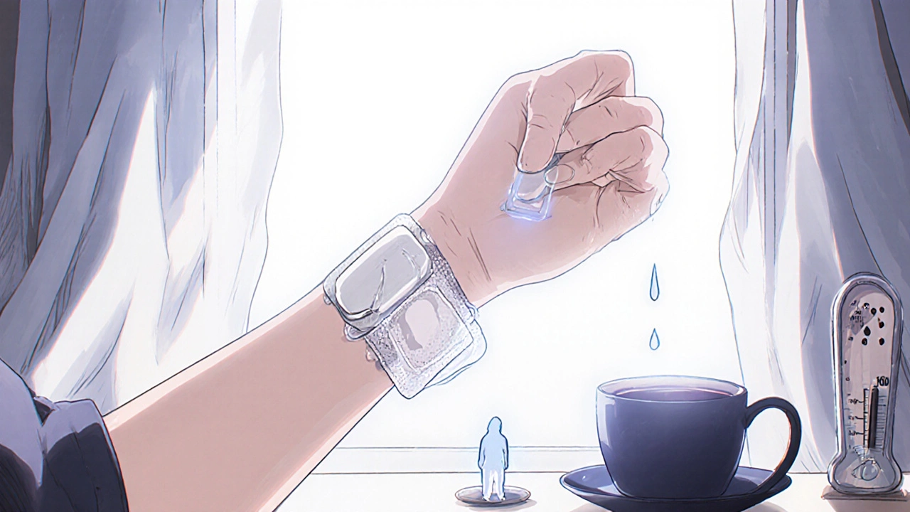 A hand folds a used fentanyl patch, a sweat drop transforms into a ghostly figure, symbolizing lingering danger after removal.