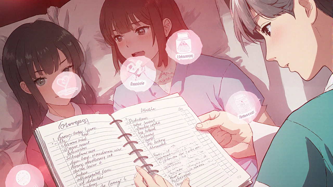 A nurse and family reviewing a handwritten medication log in a glowing emergency room.