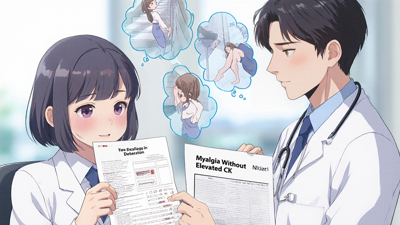 A patient in a doctor’s office holding a normal blood test, with thought bubbles showing daily struggles caused by muscle pain.