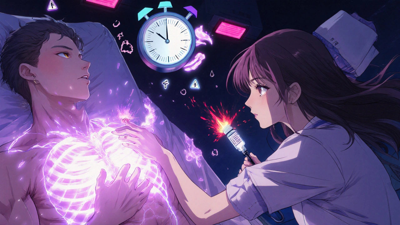 A patient in emergency with glowing muscle rigidity as medical staff rush to administer treatment under flashing lights.