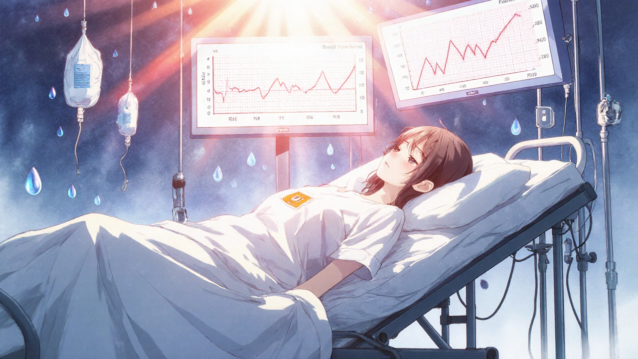 A patient unconscious in hospital, warming blanket glowing above, fentanyl overdose symbolized by floating red graphs and tear drops.