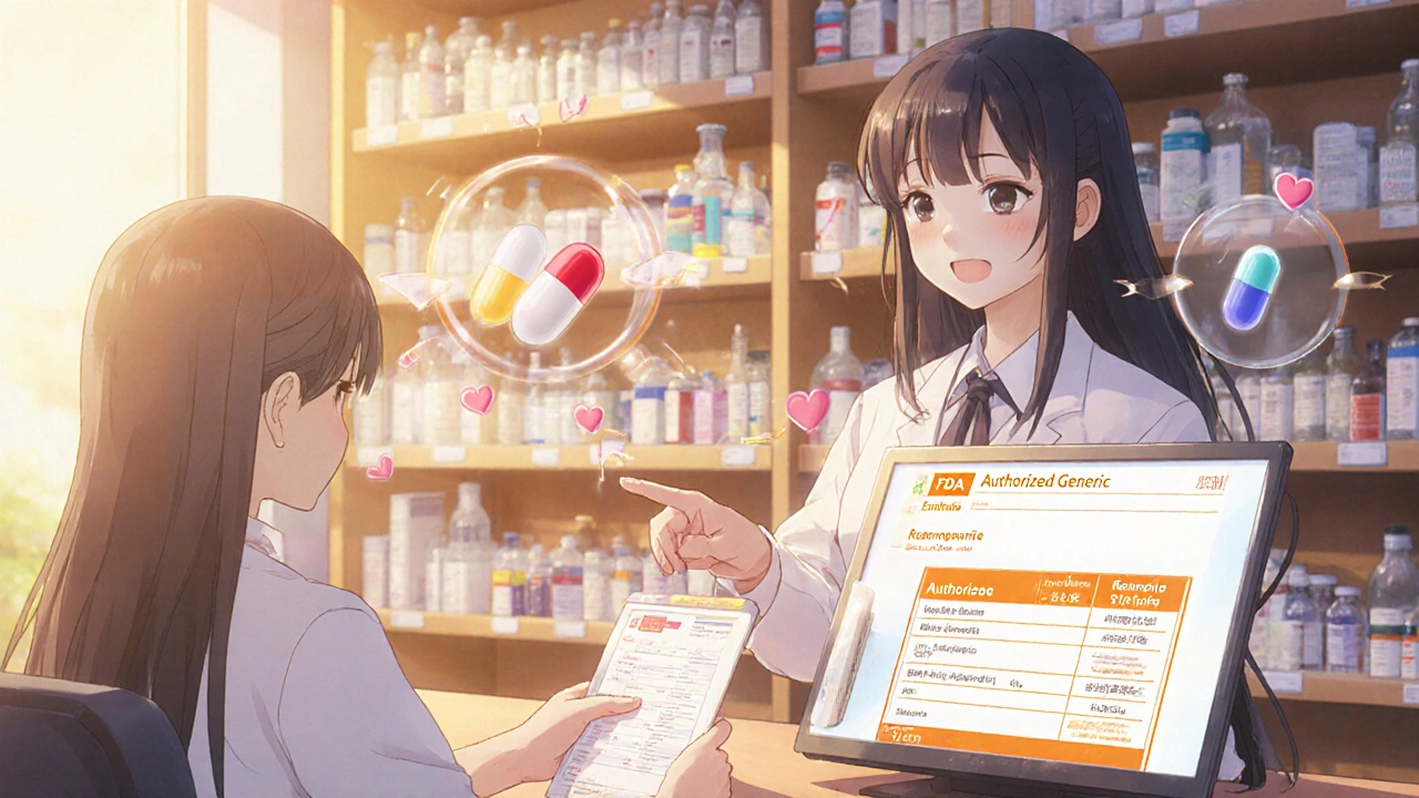 A pharmacist shows a patient an FDA screen confirming an authorized generic, with glowing comparison arrows.
