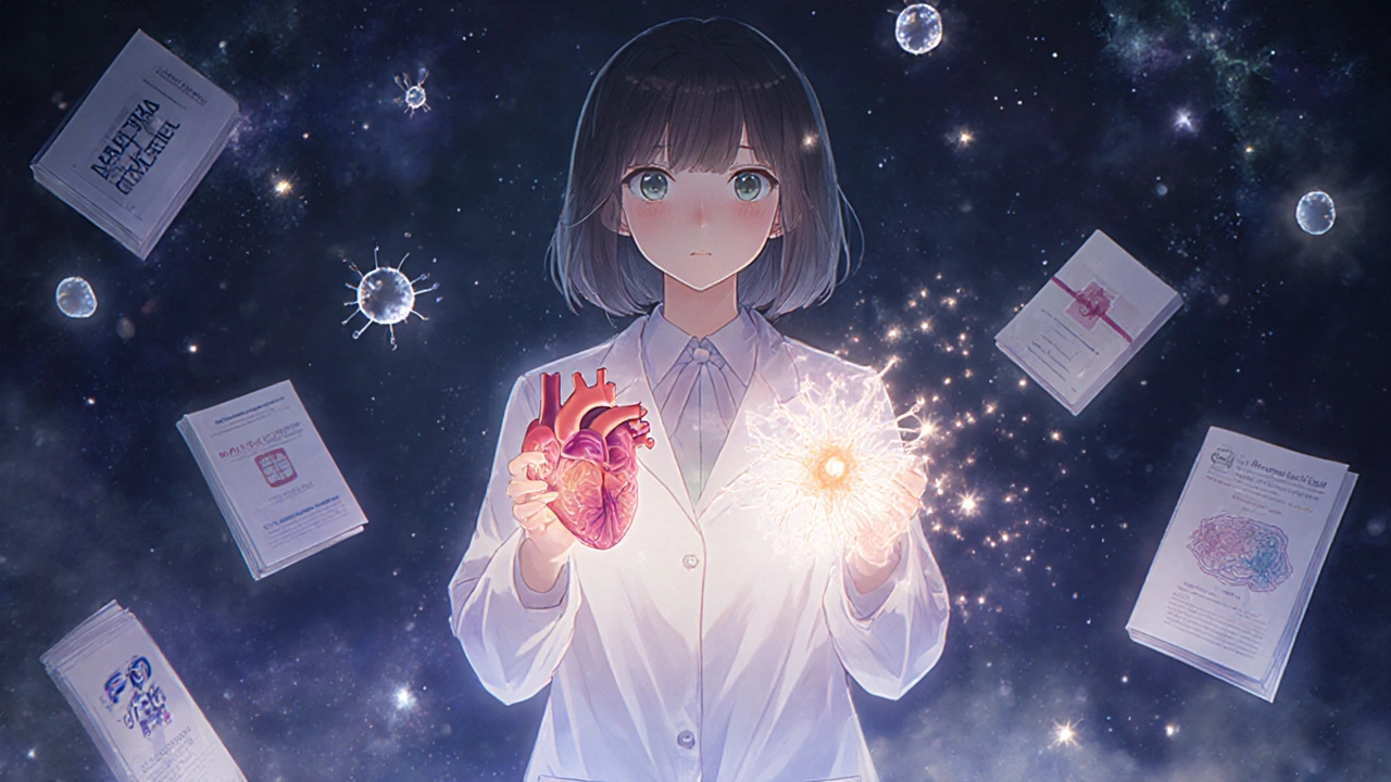 A scientist watches cholesterol and neurons dissolve into light, symbolizing statins&#039; protective role.