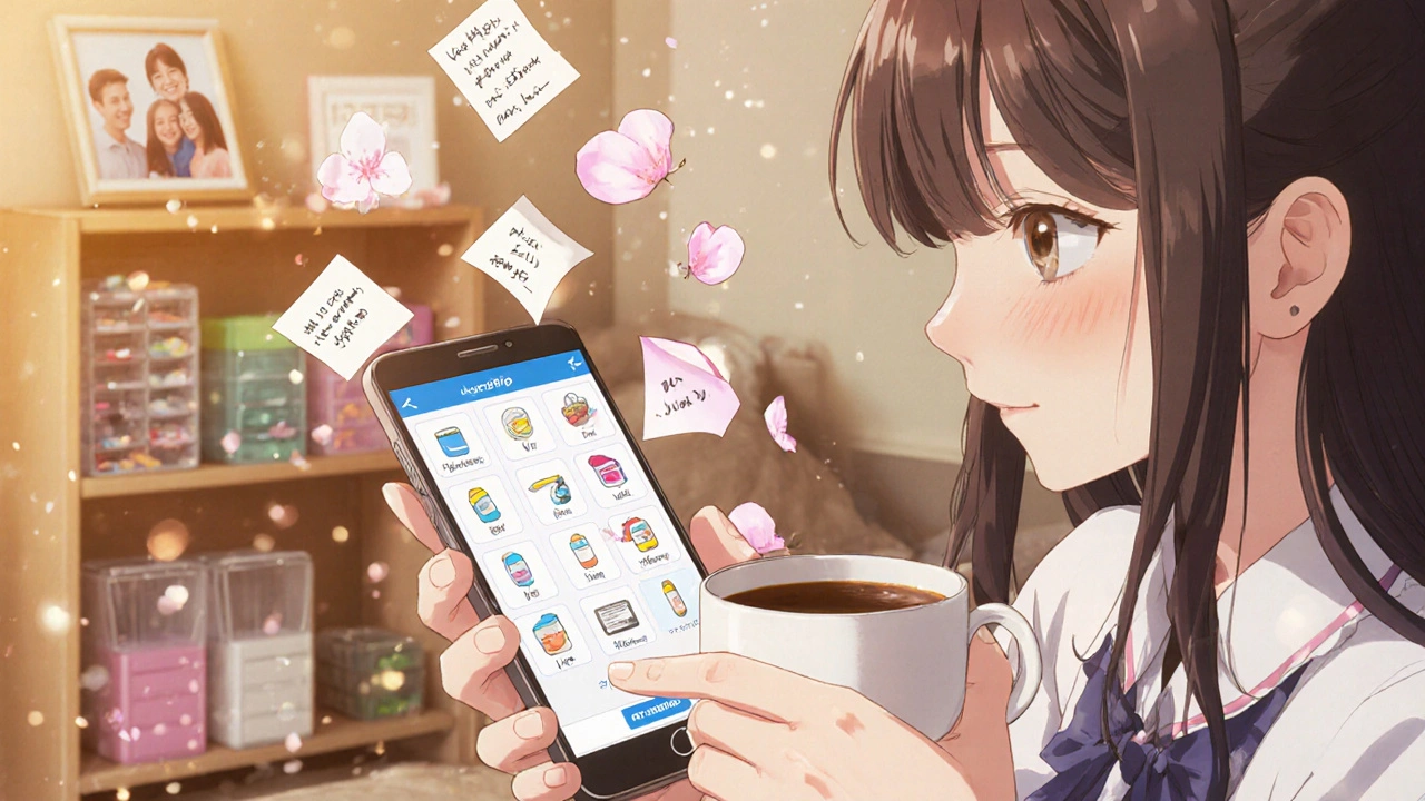 A smartphone showing a medication app with floating notes turning into cherry blossoms.