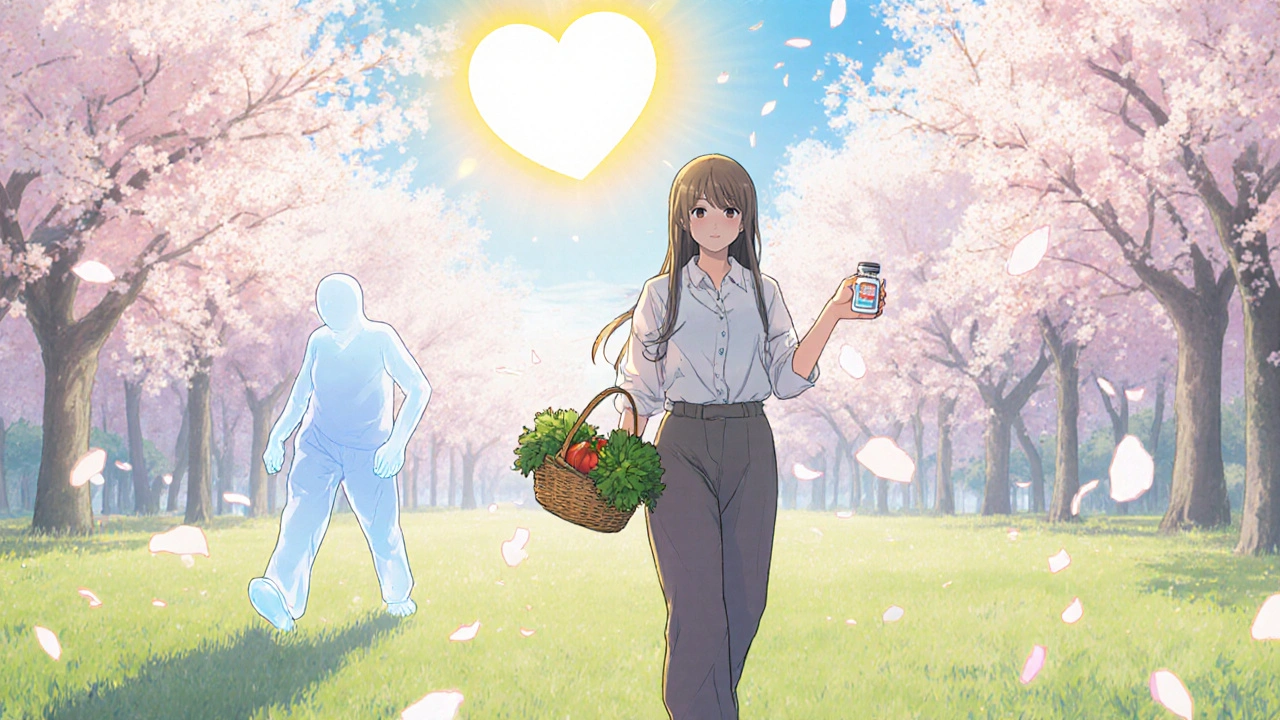 A woman walking happily in a park, holding healthy food and a new statin prescription, with a fading ghostly image of her past self behind her.