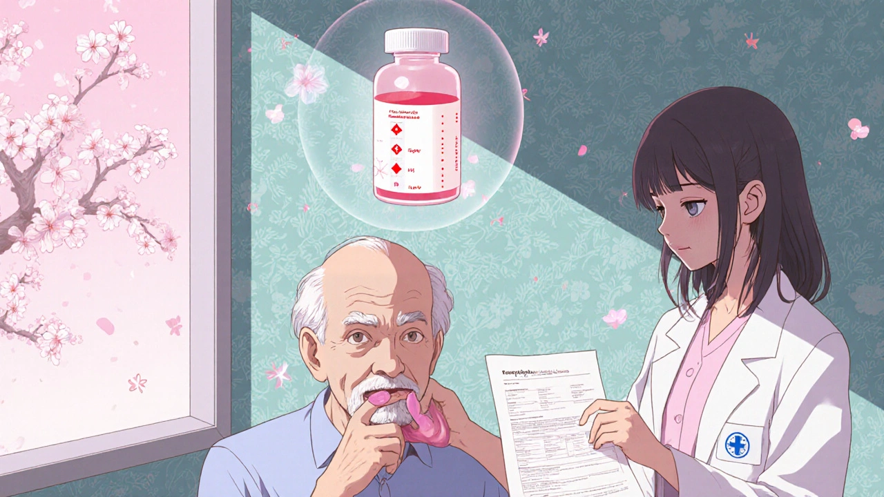 An elderly man touches his swollen tongue as a doctor shows a blood test with glowing warning symbols in a hospital room.