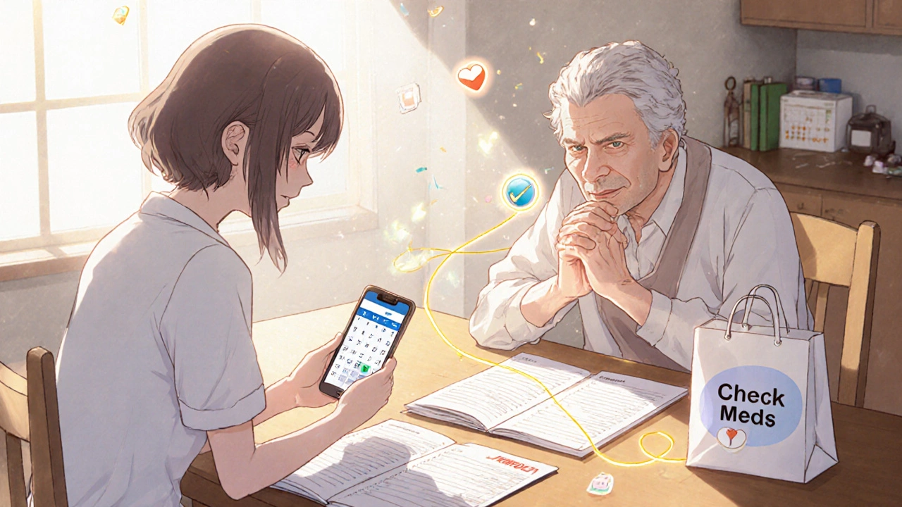 Caregiver and elderly loved one reviewing medications together at the kitchen table.