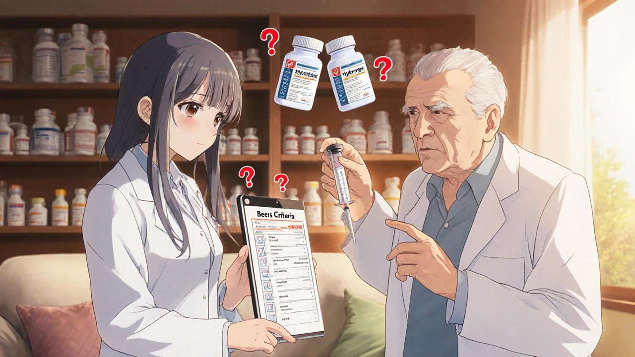 Caregiver using an oral syringe to measure liquid medicine while pharmacist offers guidance.